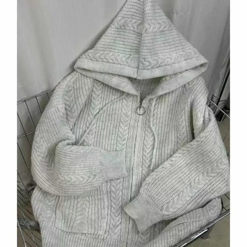 2025, neue Strickjacke mit Reißverschluss, große Version, lockerer, fauler Stil, Kapuzenpullover, Damenmantel, vielseitig, lässig, College-Stil – Detail 4