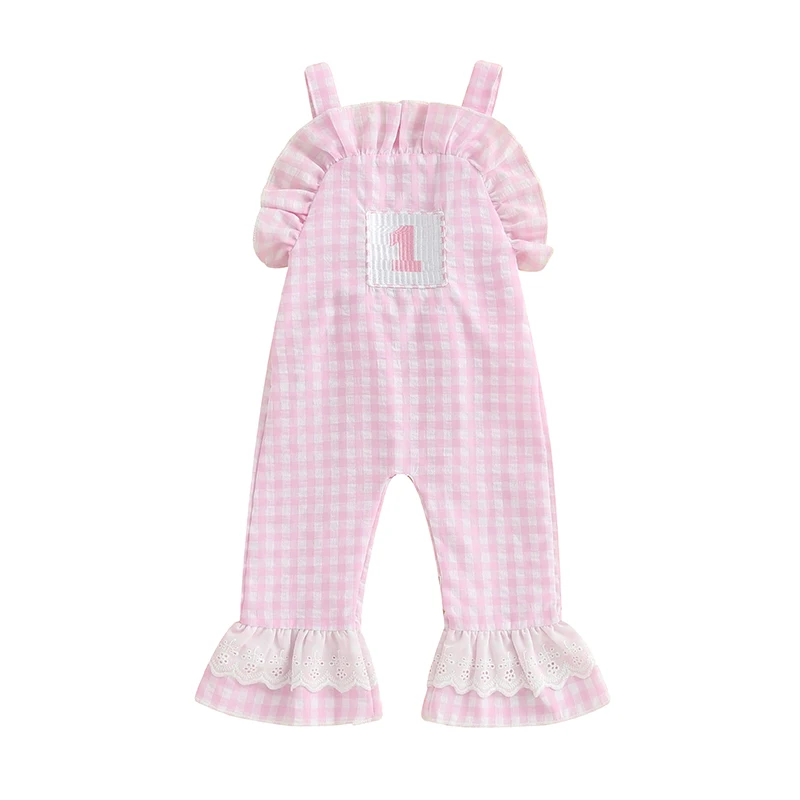 Baby Girl Rompers Sleeveless Letter Embroidery Plaid Jumpsuit Suspender Pants Summer Outfit 1