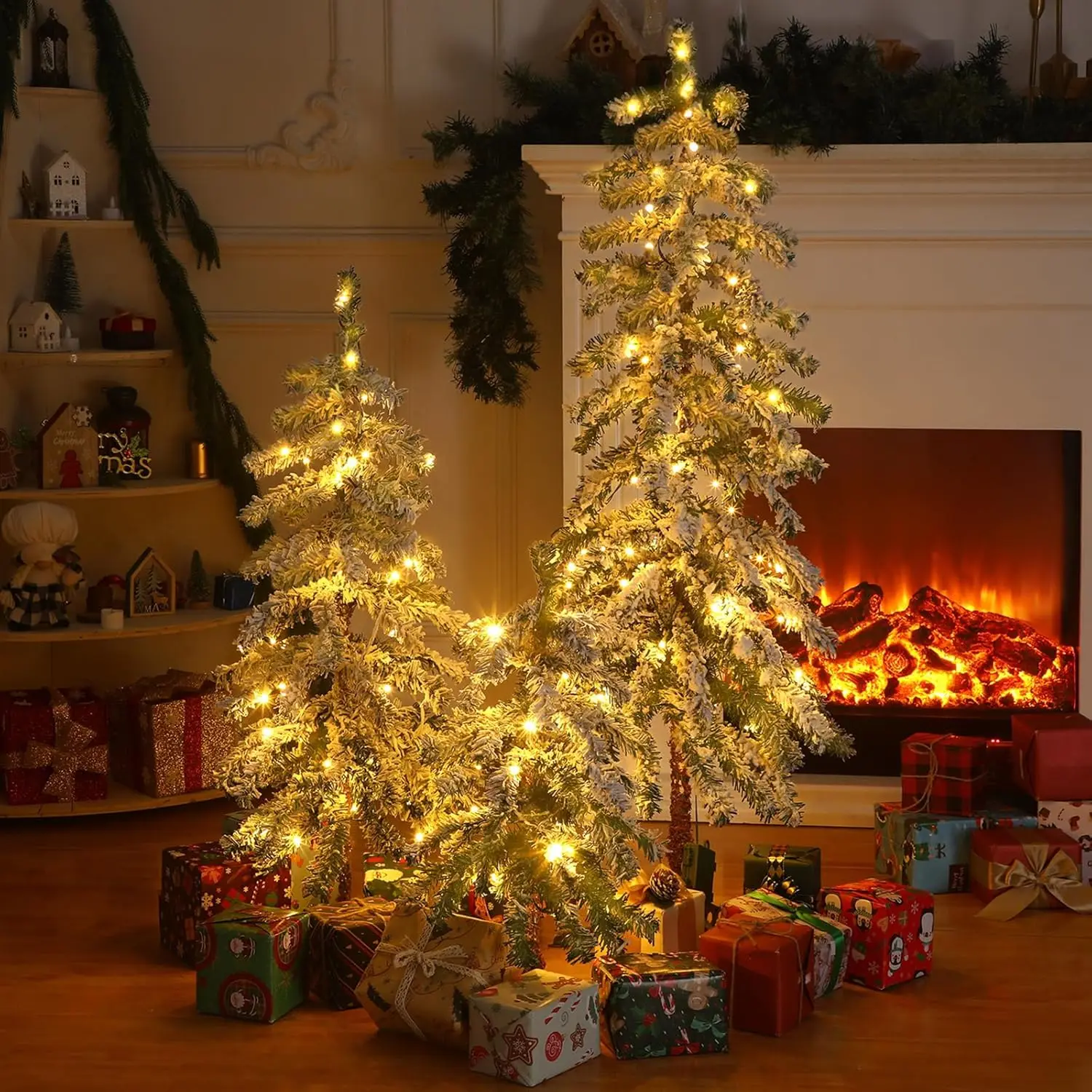 3 Pcs Flocked Natural Artificial Christmas Tree Set with Lights Flocked Christmas Tree (Alpine Tree,2' 3' 4') 1 3 Pcs Flocked Natural Artificial Christmas Tree Set with Lights Flocked Christmas Tree (Alpine Tree,2' 3' 4') 1