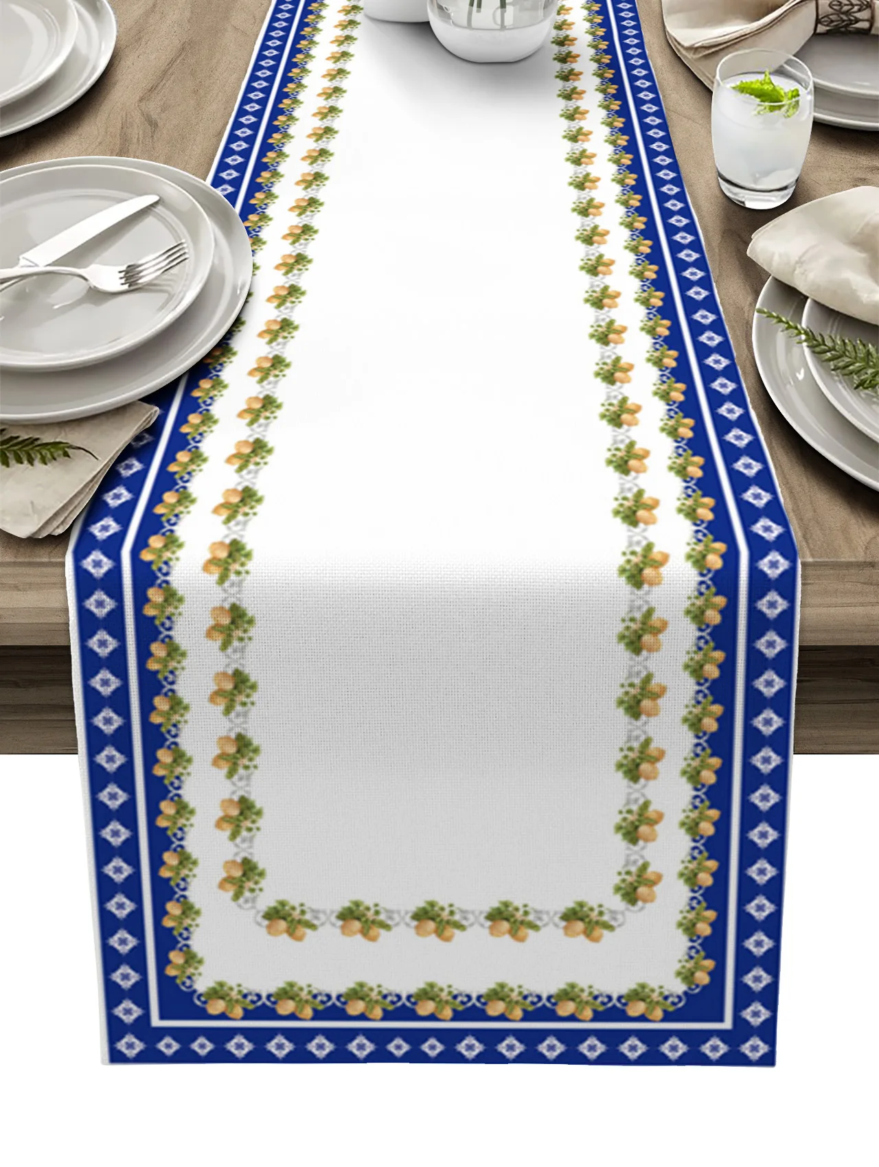 SummerLemonRetroTilesBlueTableRunnerHomePartyDecorative