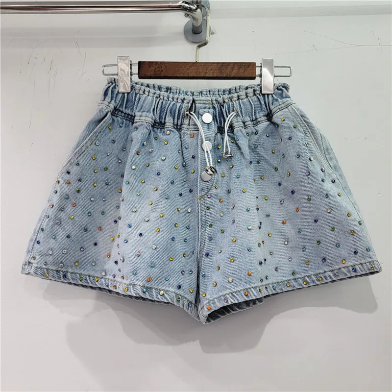 2023 New Spring Summer Full Body Colorful Diamond High Waist Denim Shorts Women Loose Slimming Wide Leg Shorts Femme Short Jeans