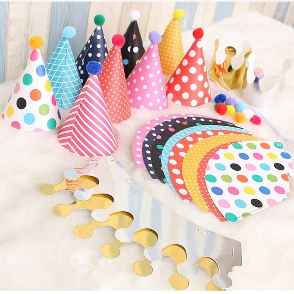 Polka Dot Birthday Party Hats with Pom Poms Paper Birthday Hat Set DIY Handmade Colorful Birthday Crown Hat Birthday Party