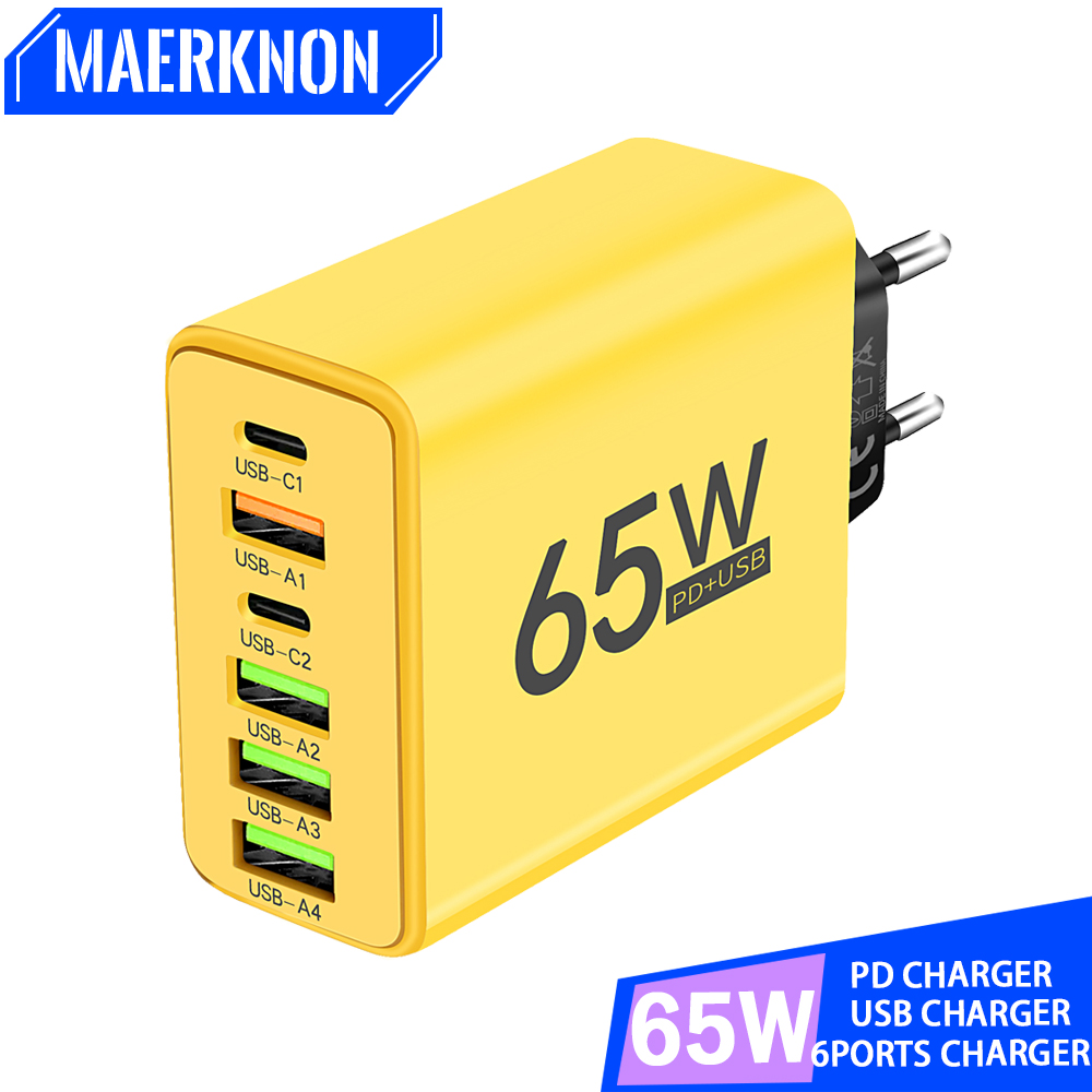  Total 65W USB 6 Ports Type C Quick Charger 3.0 Fast Charging Wall Charger For iPhone Samsung Xiaomi Huawei Mobile Phone Adapter 