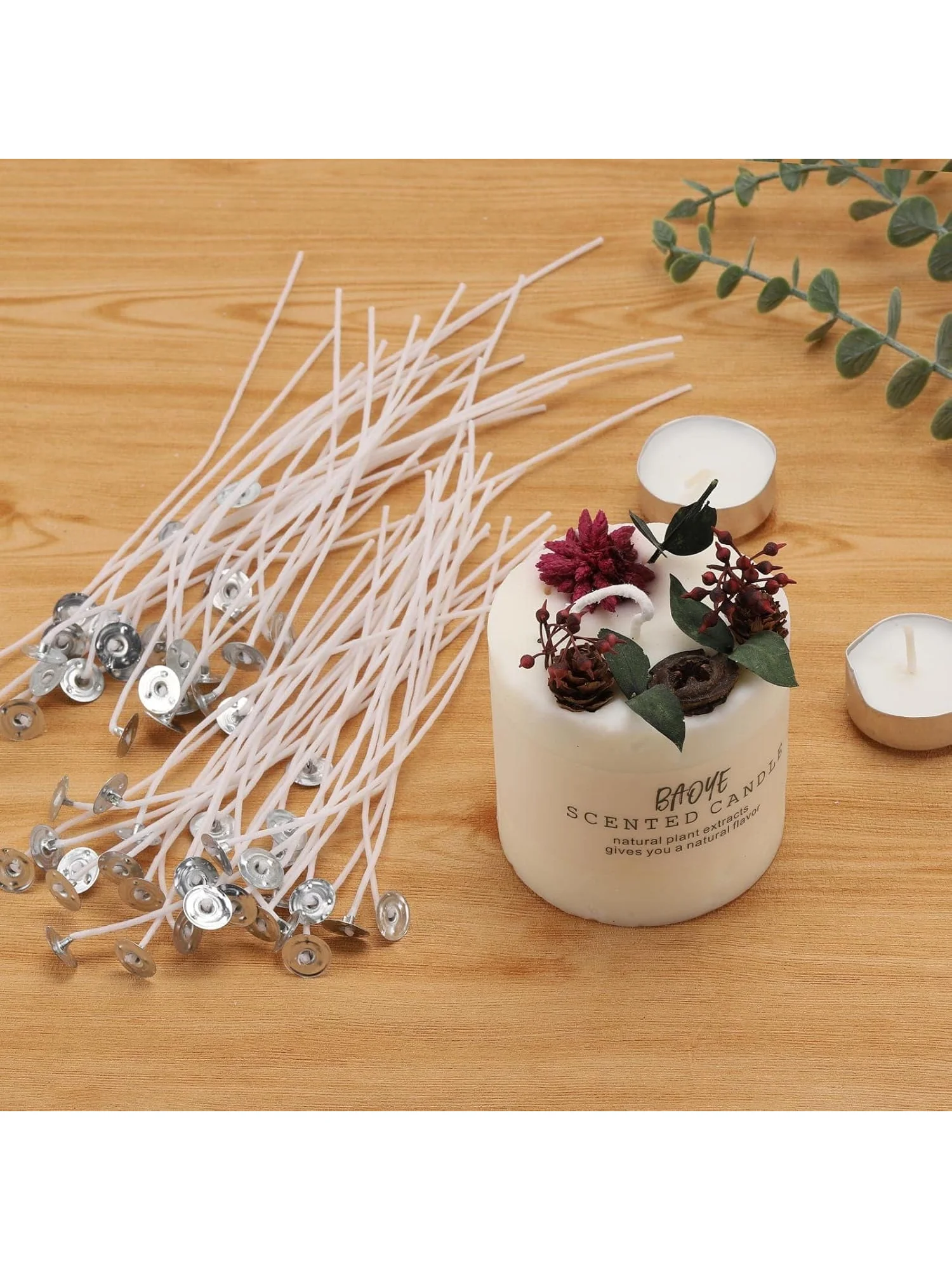100 Piece 6inch Cotton Candle Wick Coated with Paraffin 100 Pieces Wick Sticker 1 Piece Metal Wick Holder for DIY Soy Beeswax Making