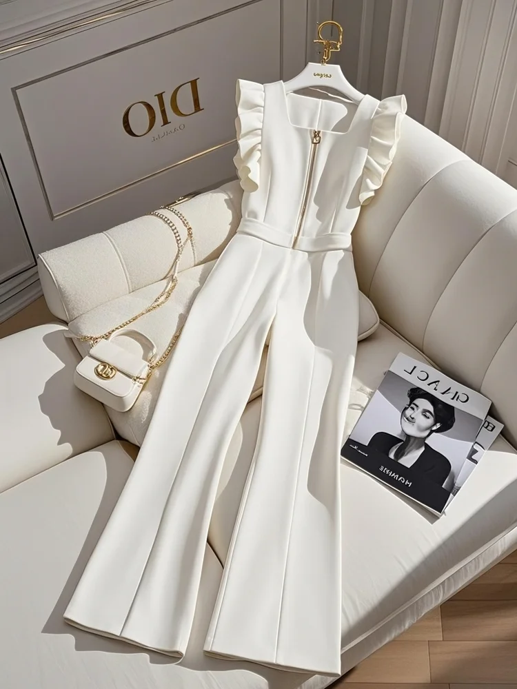 Women's Autumn High Waisted Draped Wide Leg Jumpsuit With Suspender Pants Female Korean Slim Elegant Style Temperament Pants ﻿