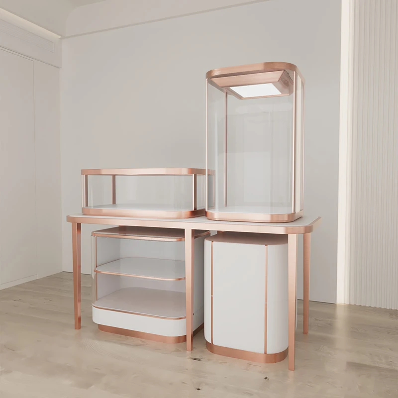 

custom，Custom Crafted high end rose gold glass jewelry showcase combination jewelry display stand with led light display cabinet