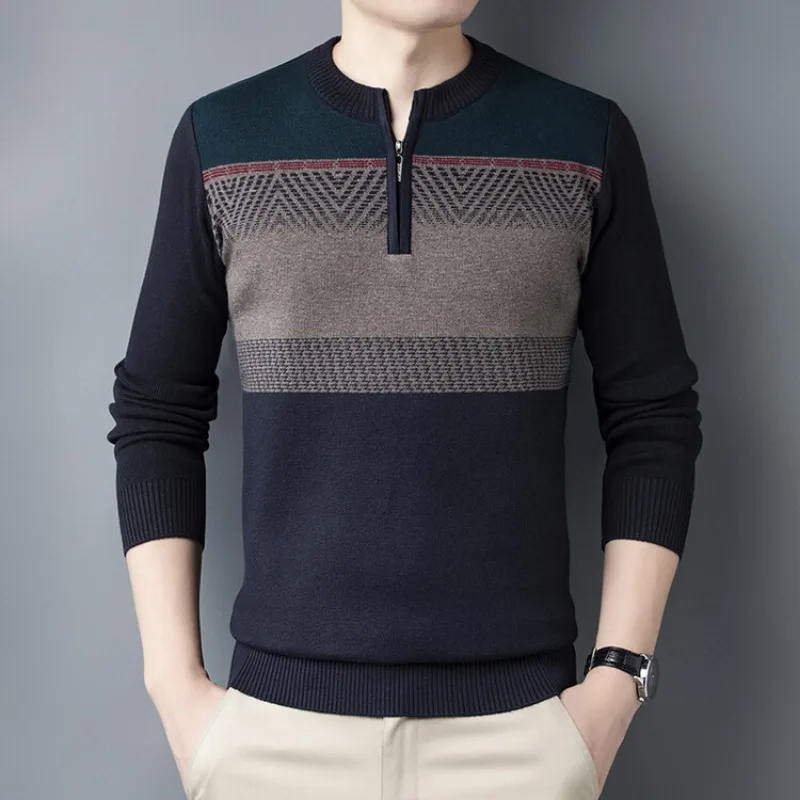 2023 Autumn and winter new men's fashion casual zipper colorblocking sweater simple versatile warm pullover