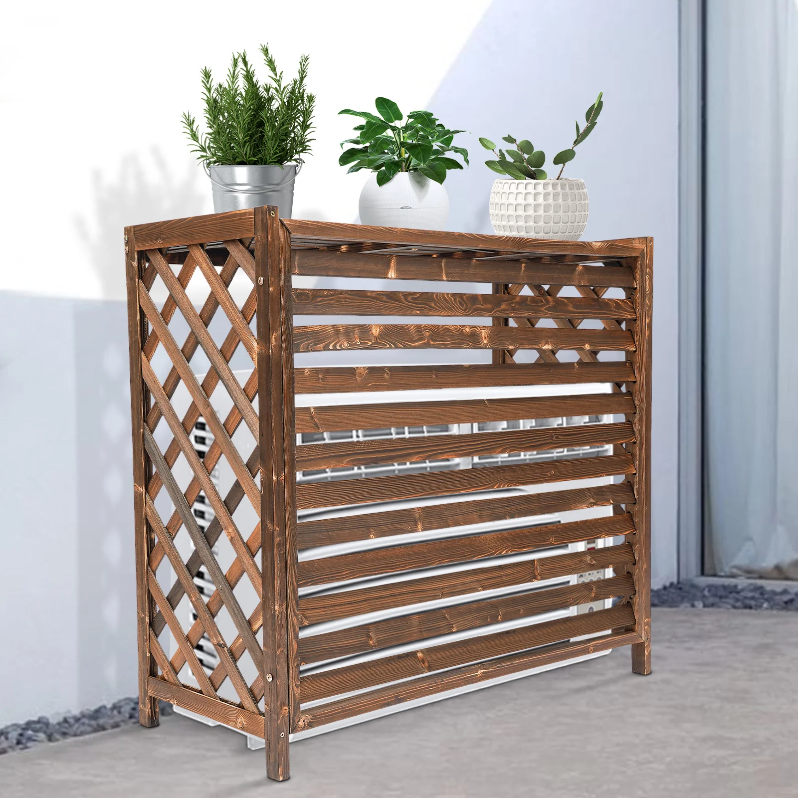 Air Conditioner Cover with Privacy Fence, Waterproof Fir Wood, Sun Protection, Planter Design, Easy Installation, Durable and