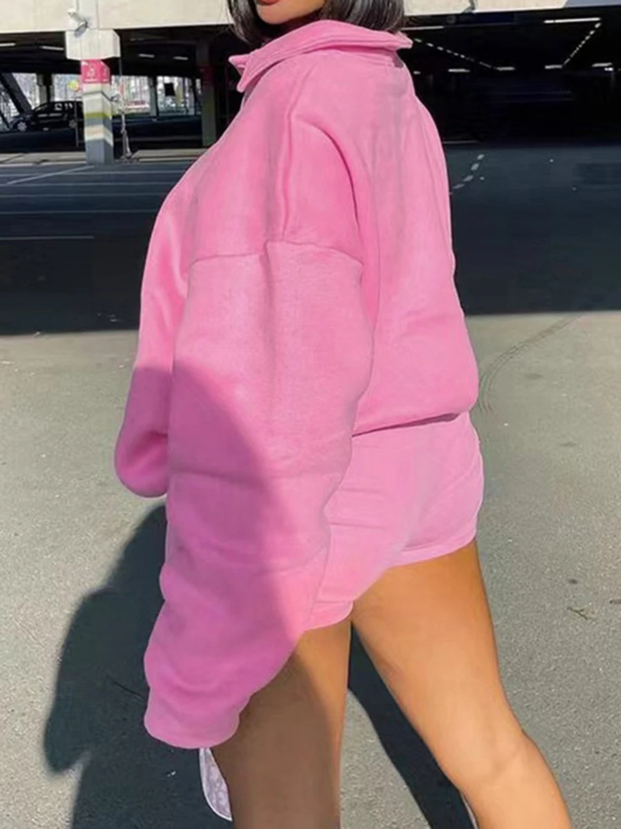 

Women Long Sleeve Workout Outfits Solid Color Pullover Sweatshirt And Running Shorts With Pockets Yoga Tracksuits