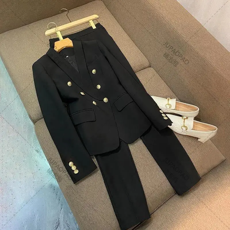 Women Elegant Work Blazer Suit Noted double breasted Jacket Coat Top And Pant Two Piece Set Matching Outfit Office Lady Clothing