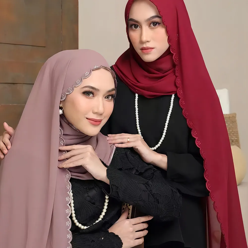 Muslim Women Ladies Premium Heavy Chiffon With Embroidery Malaysia Sulam Shawl Head Scarf With Embroidery Edge