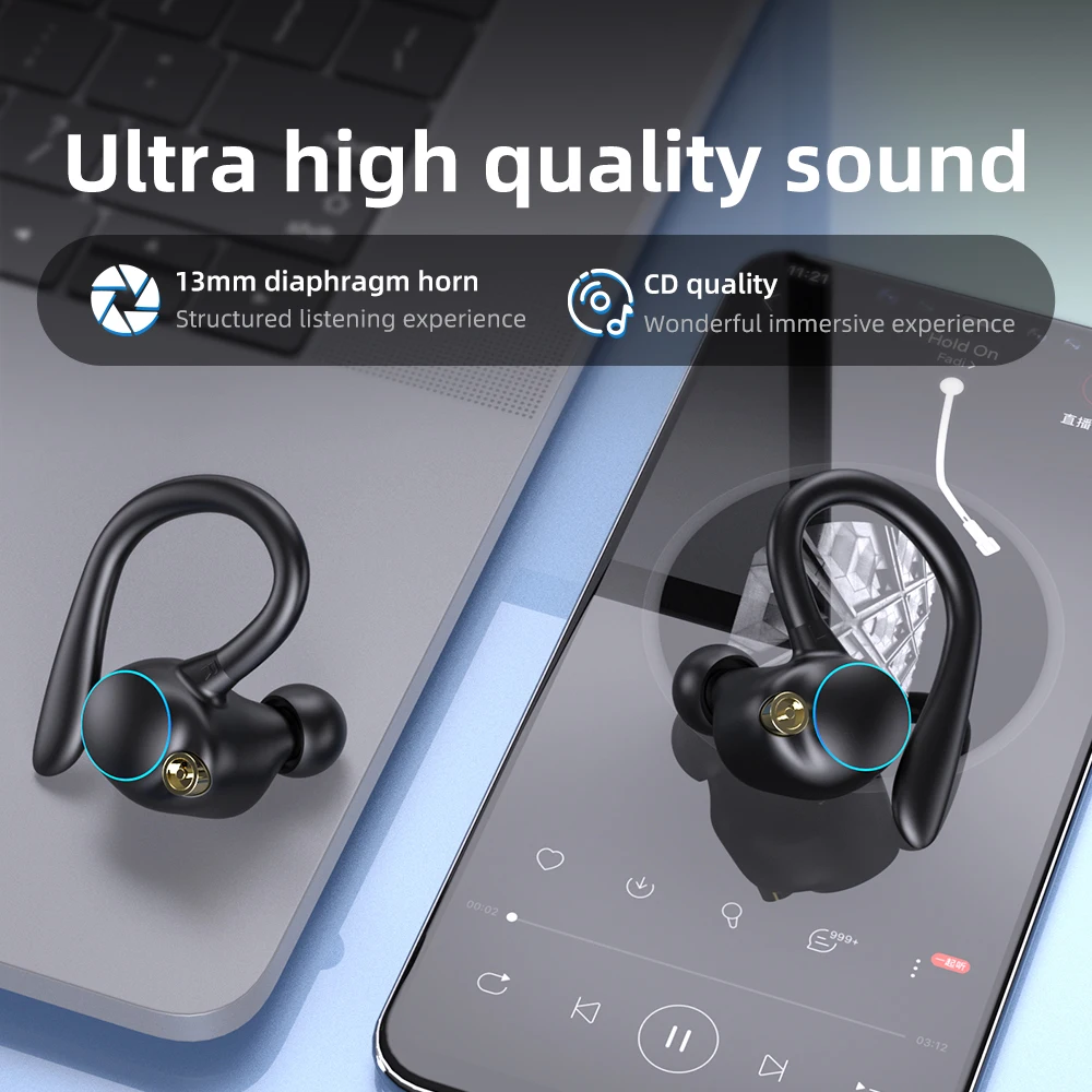 Sport Bluetooth 5.2 Headphones Wireless Earbuds Noise Cancelling Earphones Earhooks IPX7 Waterproof Headset 10H HiFi Music Time