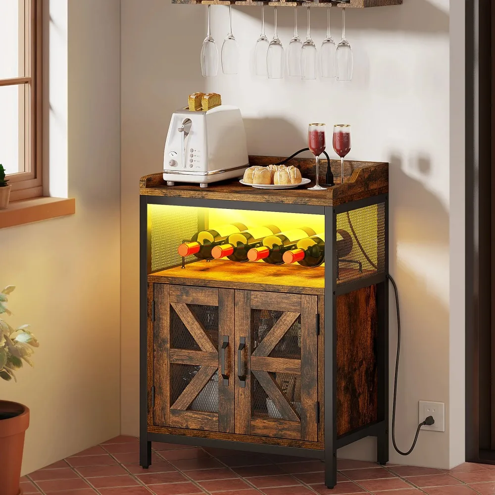 

Wine cabinet with power socket and LED light, wine rack with compartment door, 32.8 "home bar cabinet brown