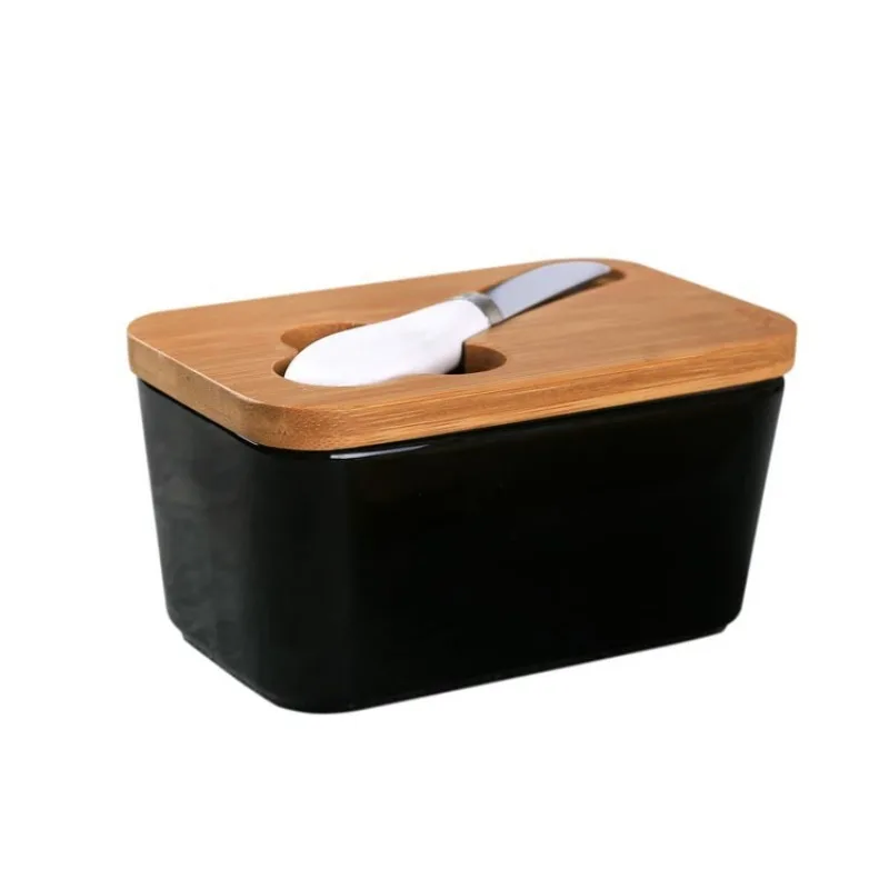 Simple Ceramic Butter Dish with Bamboo Cover Butter Knife Rectangular Sealed Jar Western Cheese Box Storage Jar Tableware butter storage box,ceramic sauce dishes