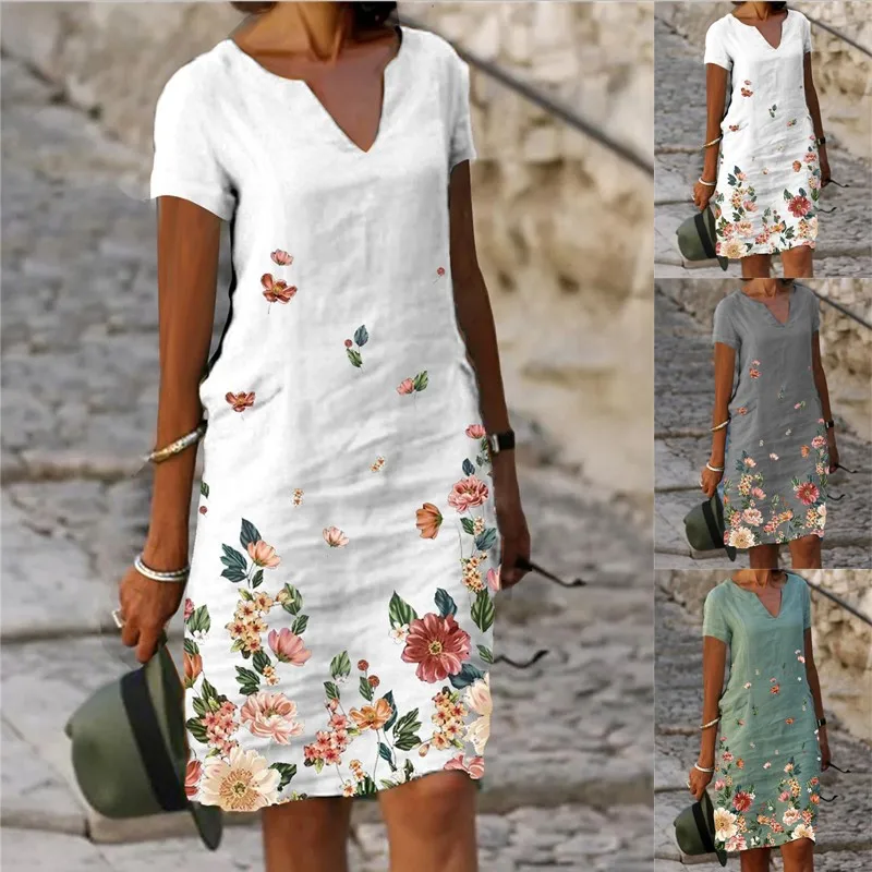 

Woman Floral Print Dress Summer Fashion Dresses Holiday V Neck Casual Loose Fit Comfortable Elegant Beach T Shirt