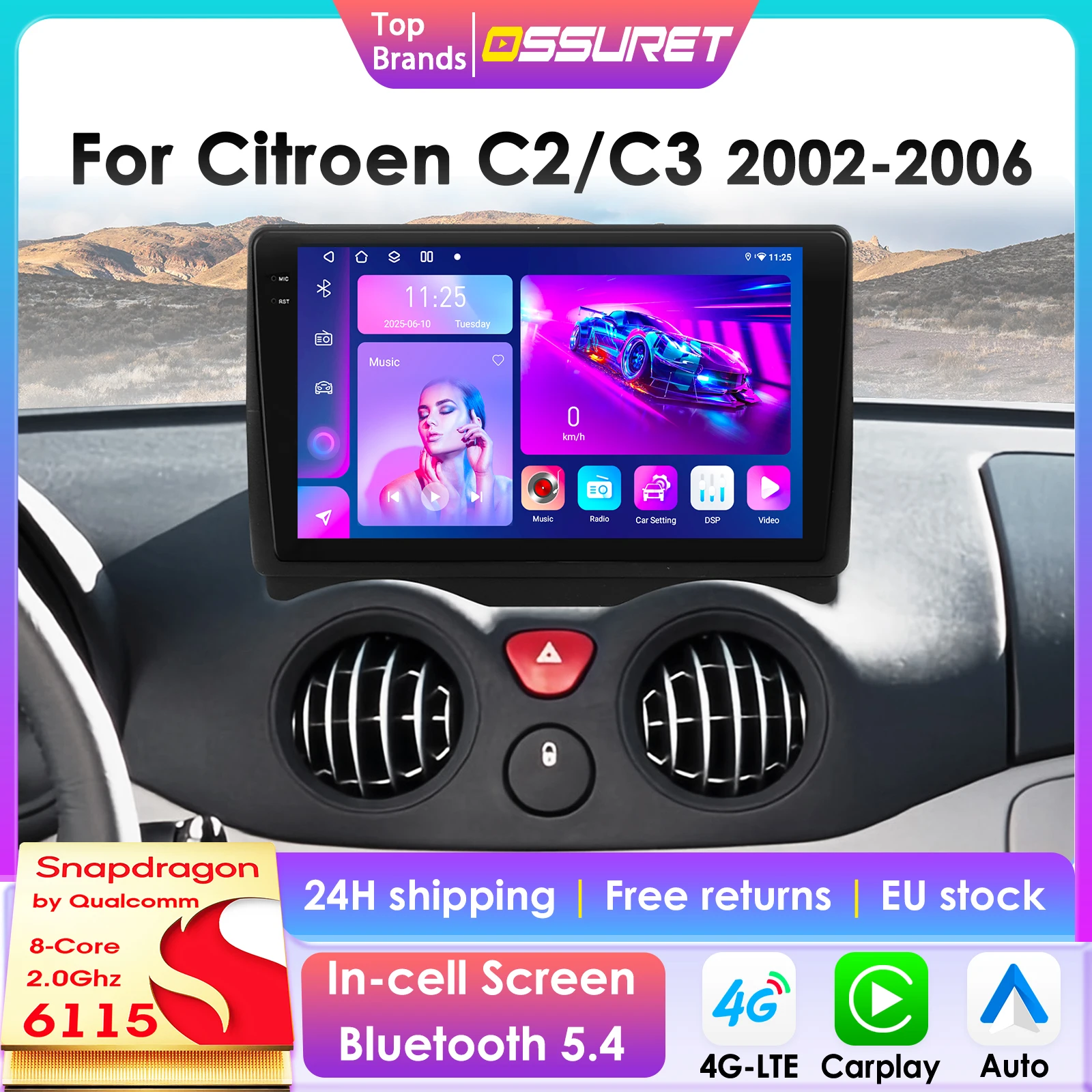 2Din 8G+128G Android 14 Autoradio für Citroen C2 2002-2006 Citroen C3 Auto-Multimedia-Player Intelligenter Bildschirm Autoradio Carplay