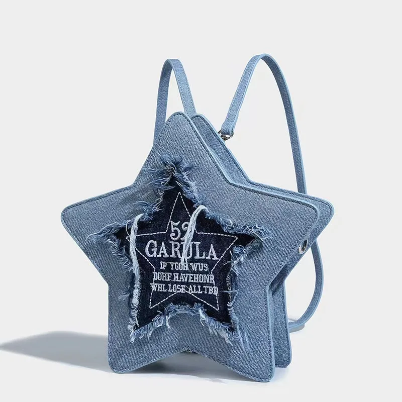 

Niche Designer Denim Blue Five-pointed Star Backpack Embroidered Letters Tassel Cross-body Bag High-end Fashion Student Backpack