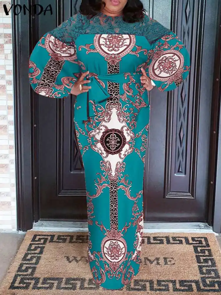 VONDA Summer Party Dress 2023 Women Long Lantern Sleeve Lace Patchwork