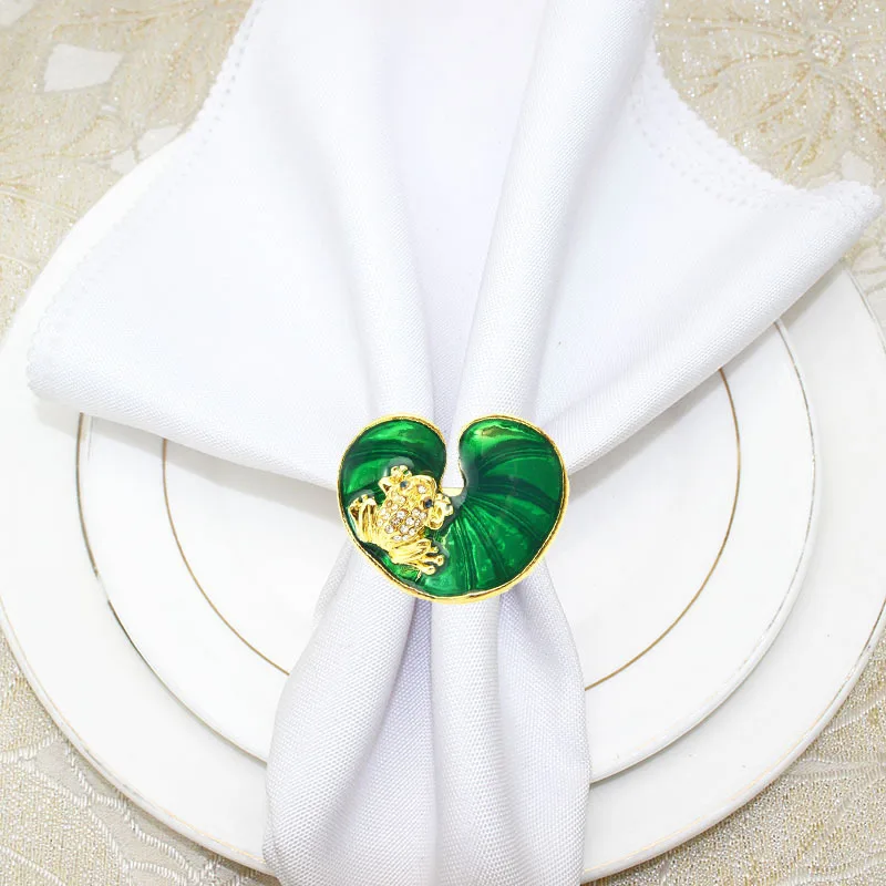 12pcs/lot Green napkin ring lotus leaf frog napkin buckle gold mouth cloth ring wedding table decoration