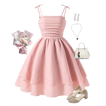 Kids Set Solid Pink Tiered Sling Princess Dress Sweet Style Tween Girls Dress Birthday Party Dating Clothes 1