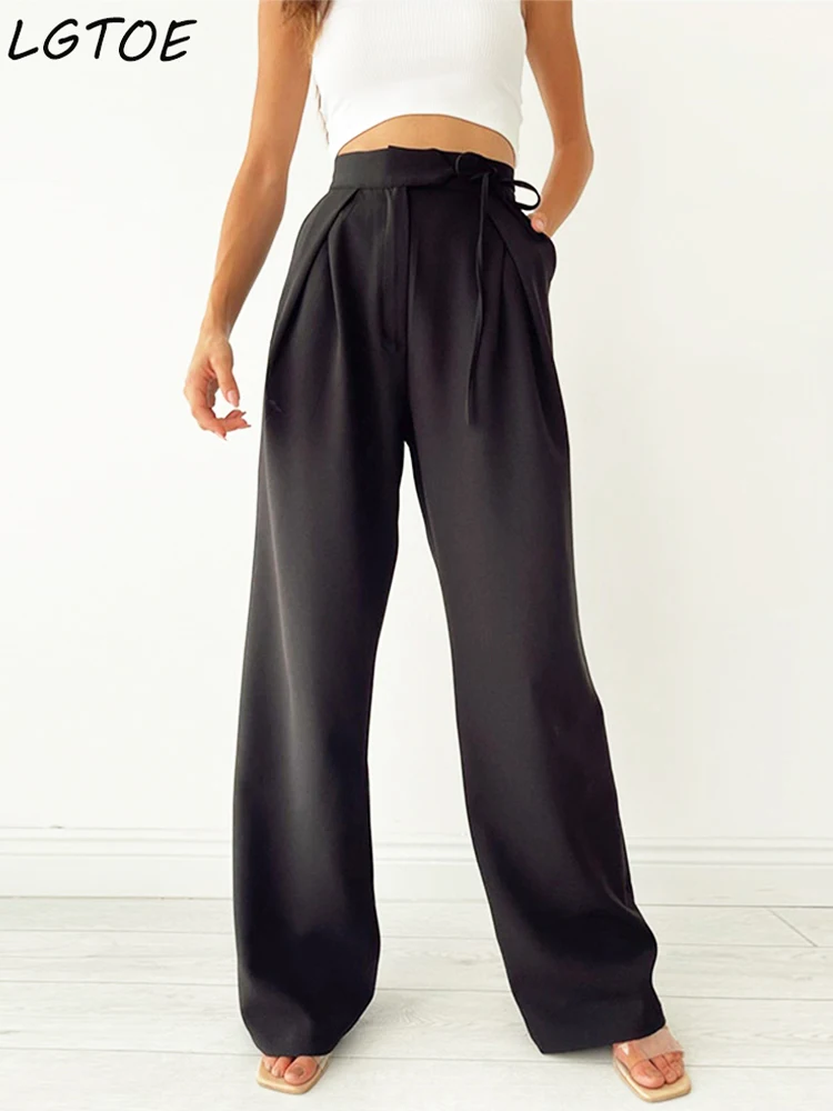 

High Waist Pants for Women Bandage Loose Wide Leg Trousers Office Lady Casual Streetwear Oversized Black Suit Pant Spring Summer
