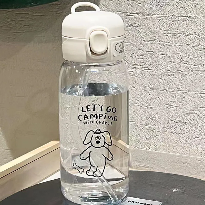 Large Capacity Portable Plastic Water Bottle with Straw - Cartoon Design, Drop Resistant