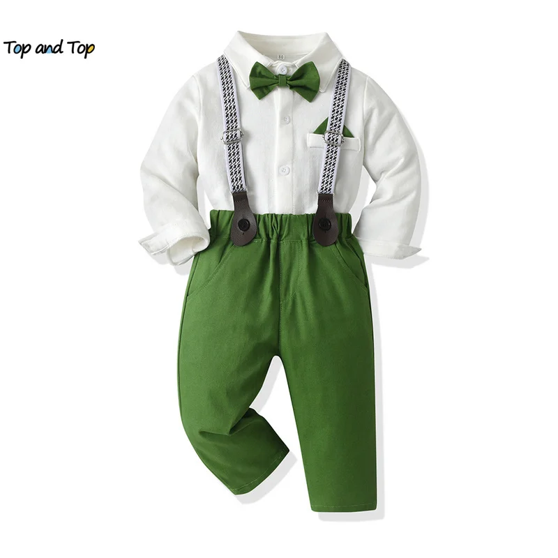 

top and top Children Boys Gentleman Clothing Sets Long Sleeve Bowtie Shirts+Suspenders Pants Toddler Kids Boy Casual Outfits