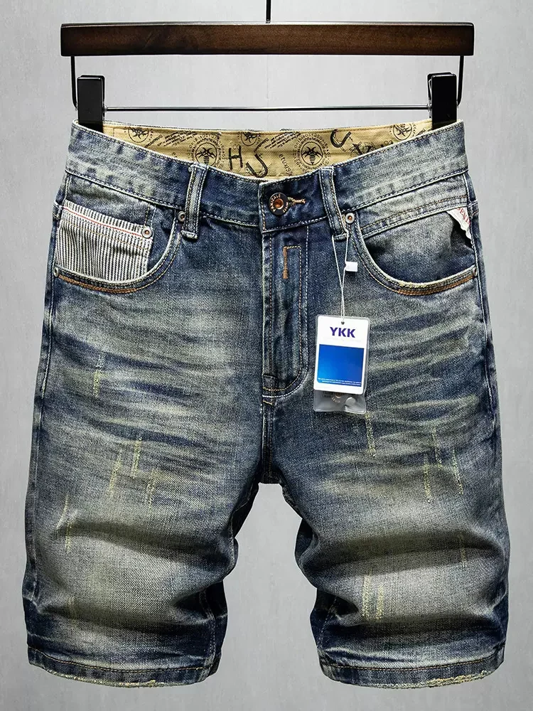 Summer Fashion Men Jeans Retro Blue Washed Elastic Slim Fit Ripped Short Jeans High Quality Vintage Designer Denim Shorts Men
