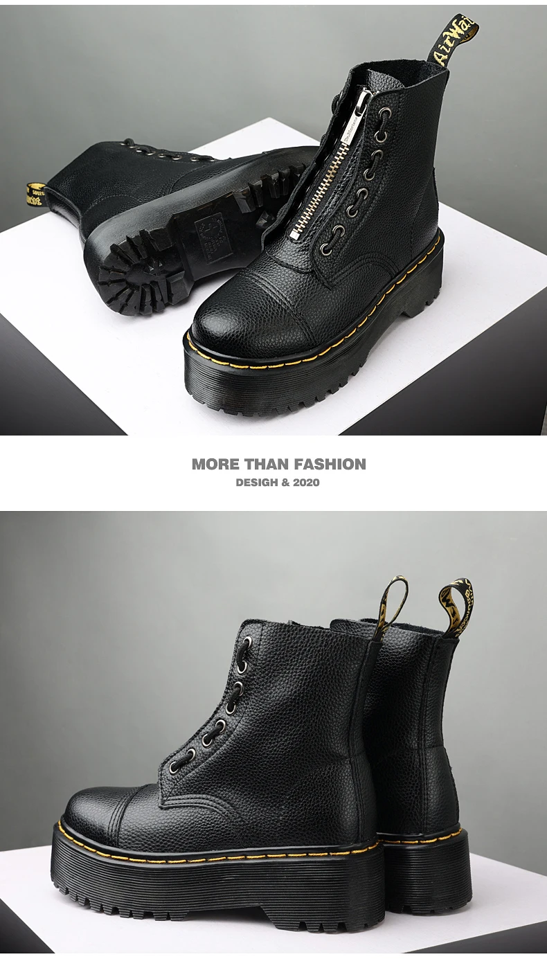 Women Leather Boots - Retro Platform Motorcycle Ankle Boots With Front Zipper