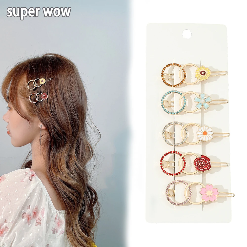 New Fashion Strass Hairpin Flower Barrettes Pearl Hair Clip Per Le Donne 2022 Girls Double Ring Flower Jewelry Accessori Per Capelli