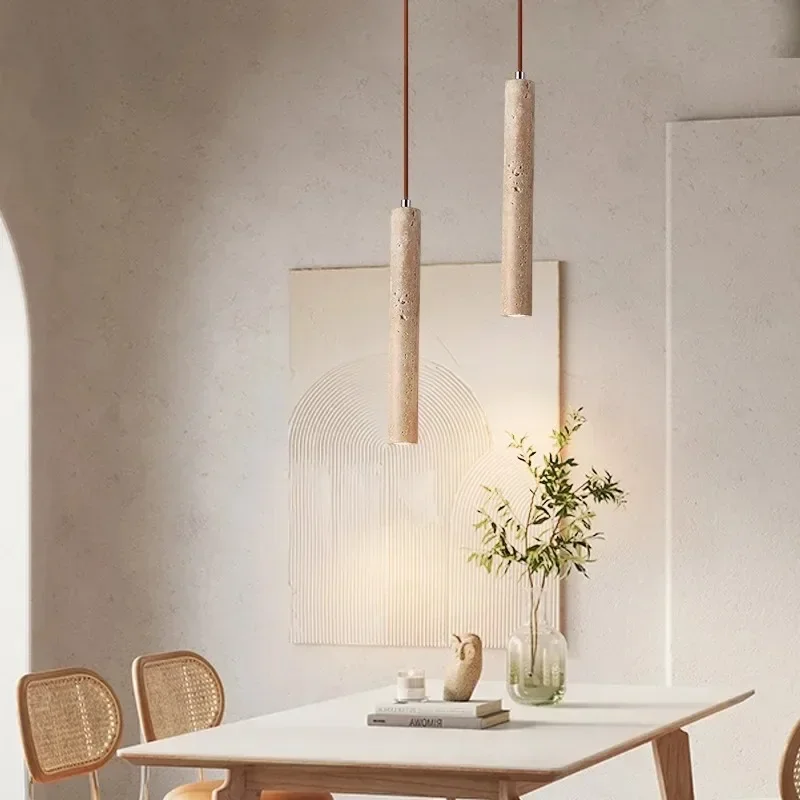 Nordic Minimalist Design Restaurant Led Decorative Chandelier Yellow Travertine Cylindrical Home Bedside Pendent Lamp