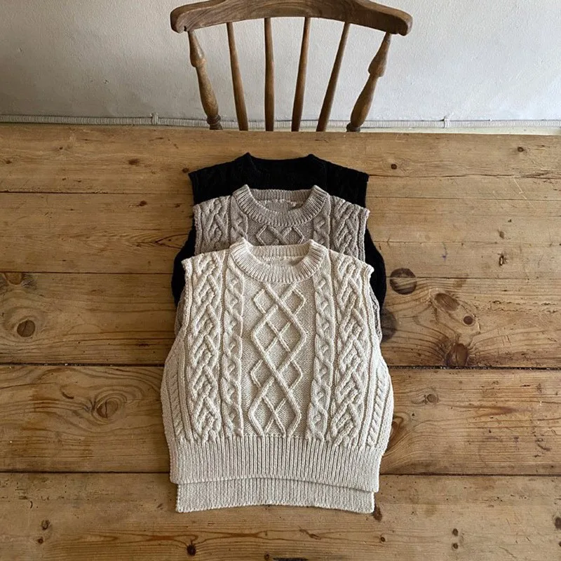 MiniAinis Baby Girl Knitwear Sleeveless Sweaters Autumn Boys Cotton Vest Solid Tops Knit Waistcoat Toddler Pullover Outerwear