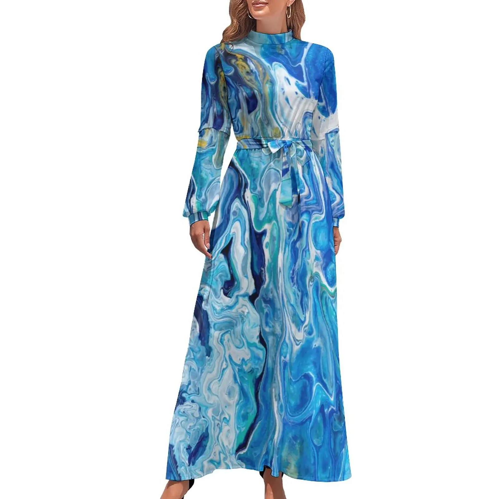 

Ocean Blue Marble Dress Long-Sleeve Modern Art Print Elegant Maxi Dress High Waist Aesthetic Bohemia Long Dresses Birthday Gift