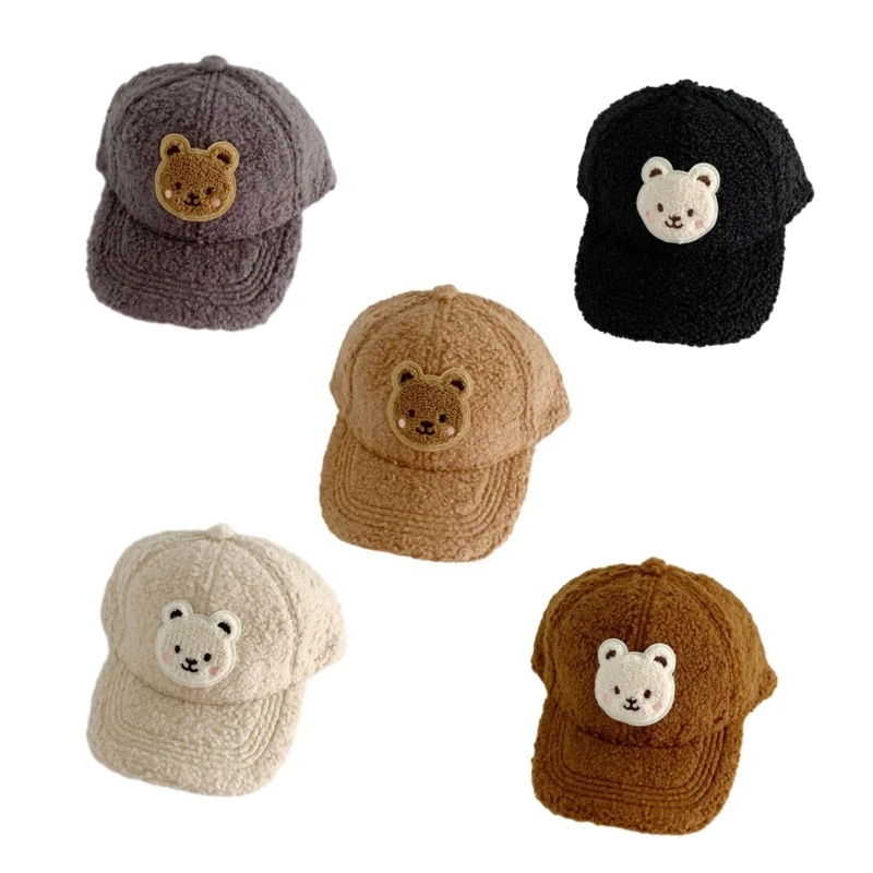 Kids Baseball Hat with Cartoon Bear Pattern Windproof Warm Peaked Solid Hats