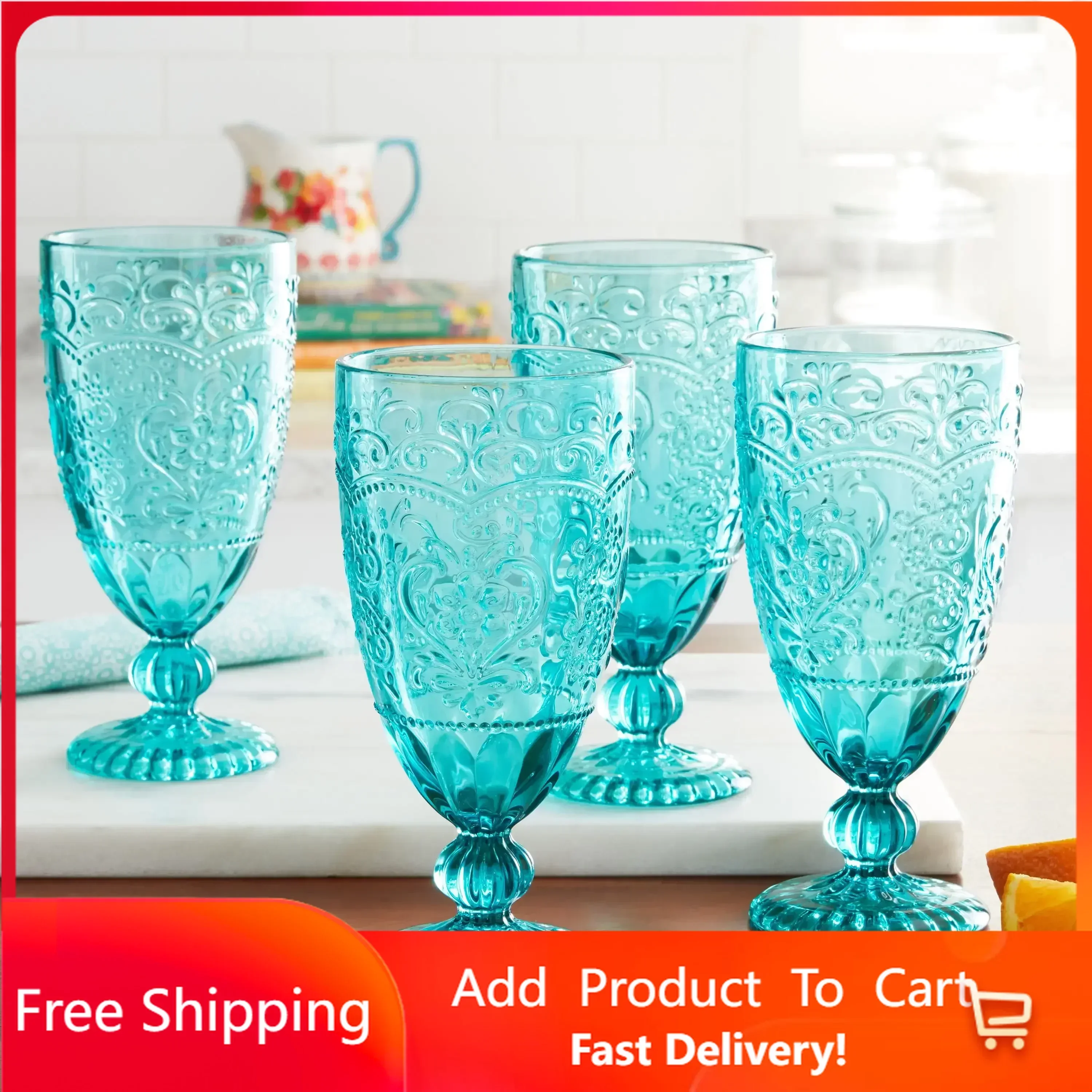 

Amelia 4-Piece 14.7-Ounce Goblet Set, Teal Rapid Transit Free Shipping Drinking Glasses Wine Glass Glass Cup