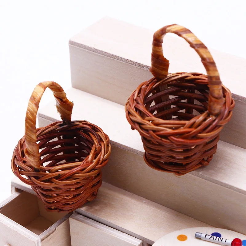 Dollhouse Miniature Rattan Woven Hand Willow Tiny Wicker Basket Easter Party Wedding Flower Picnic Mini Fairy Garden Decor
