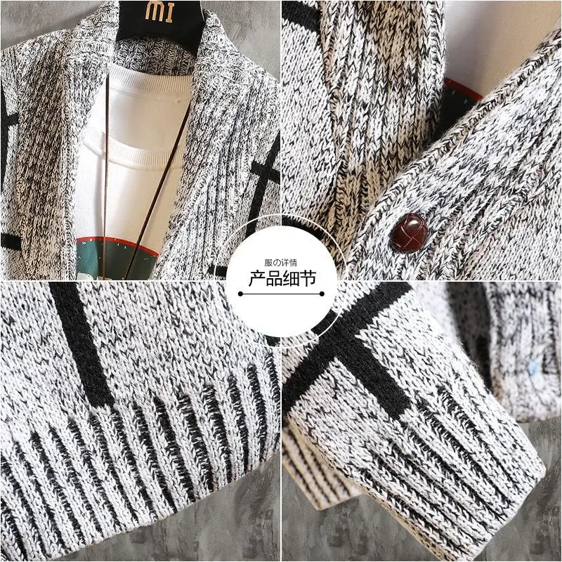 2023 Spring Autumn New Turn-down Collar Plaid Printing Long Sleeve Knitting Cardigan Man Casual Loose Button All-match Outwear