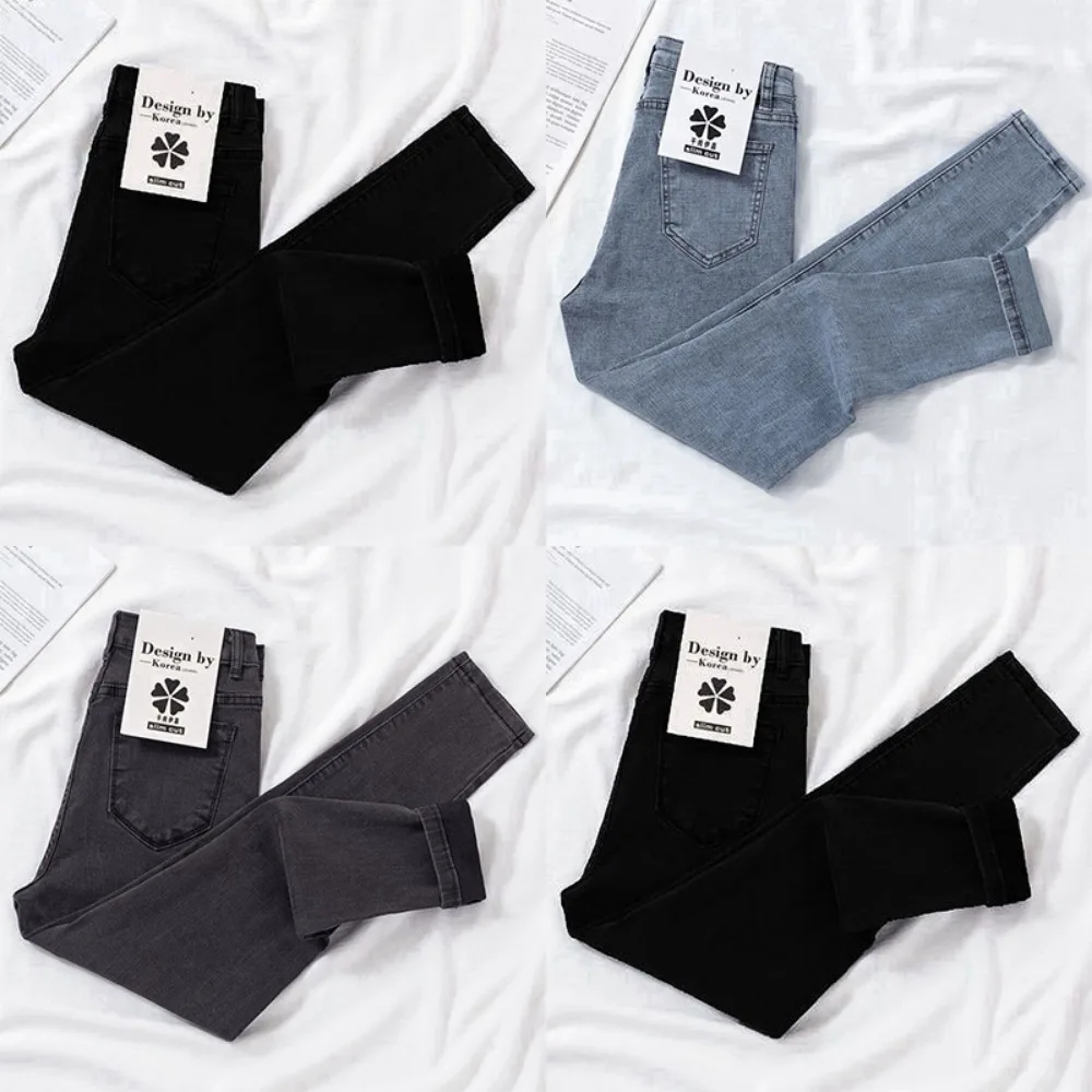 2024 New Spring Autumn Season Blue Pencil Jeans Womens Mid Waist Skinny Vaqueros Fashion Plush Denim Capris Slim Jean Trousers