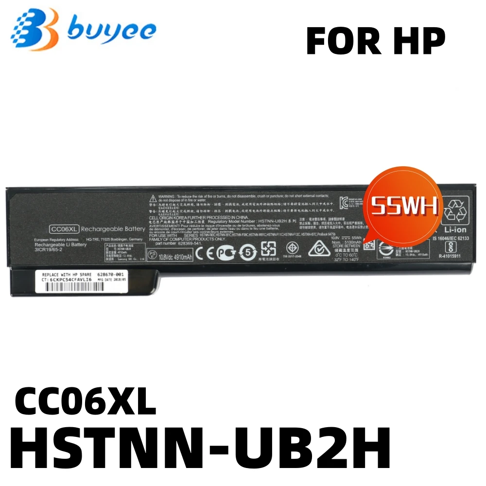 Cc06Xl Hstnn-Ub2H Batteria Per Laptop Per Hp 8560P 8570P 628369-421 628664-001 Elitebook 8460P 8460W 8470P 8470W 55Wh 10.8V 4910Mah