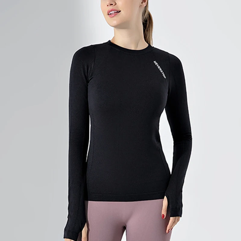 Женские рубашки с длинным рукавом для йоги, короткий топ с круглым вырезом для фитнеса, облегающая Спортивная футболка для бега с вырезом для большого пальца, быстросохнущая одежда для тренировок