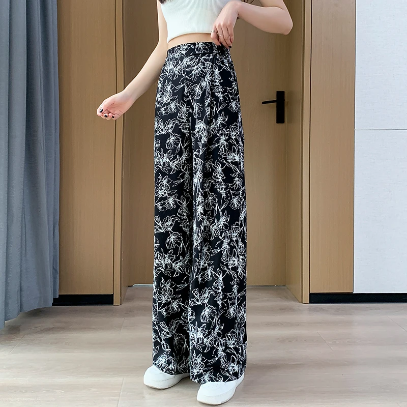 

2024 Women Summer New Ice Silk Wide-leg Pants Female High Waist Thin Straight Pants Ladies Loose Print Casual Trousers C223