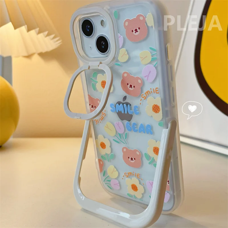 11 cases Cute Camera Lens Flip Holder Phone Case For iphone 13 12 11 Pro Max X XR XS Max Cover Cartoon Bear Flower Soft Protective Cases iphone 11 case with card holder