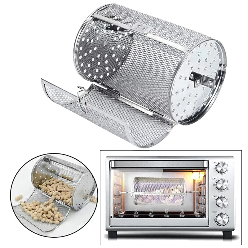 Stainless Steel Grill Rotisserie Oven Kitchen Fry Basket Coffee Bean Rotating Grilled Cage Drum Rack Air Fryer Accessories BBQ Basket Grill Oven Accessories