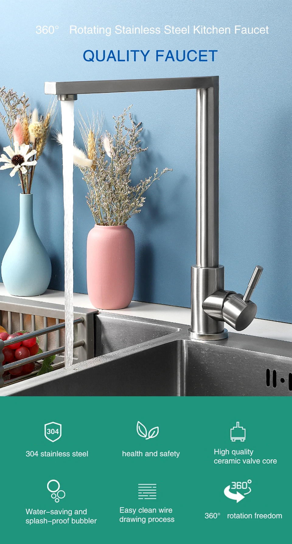 Description Picture 2 of itemULA Stainless Steel Kitchen Faucet 360 Degree Rotate Flexible Sink Faucet Hot Cold Water Kitchen Sink Mixer Tap