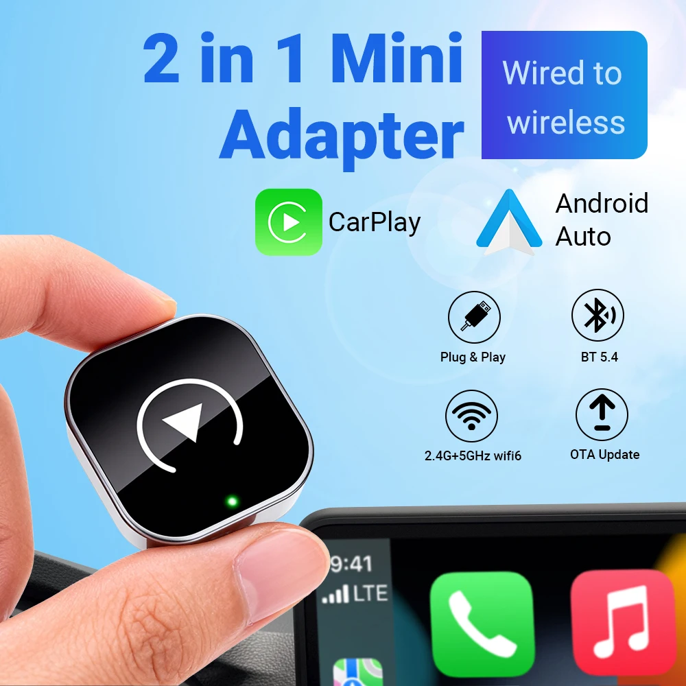 2in1 Mini Wireless CarPlay and Android Auto Adapter 5GHz WiFi Type-C/USB Plug and Play Smart Box for Car Accessories Dongle