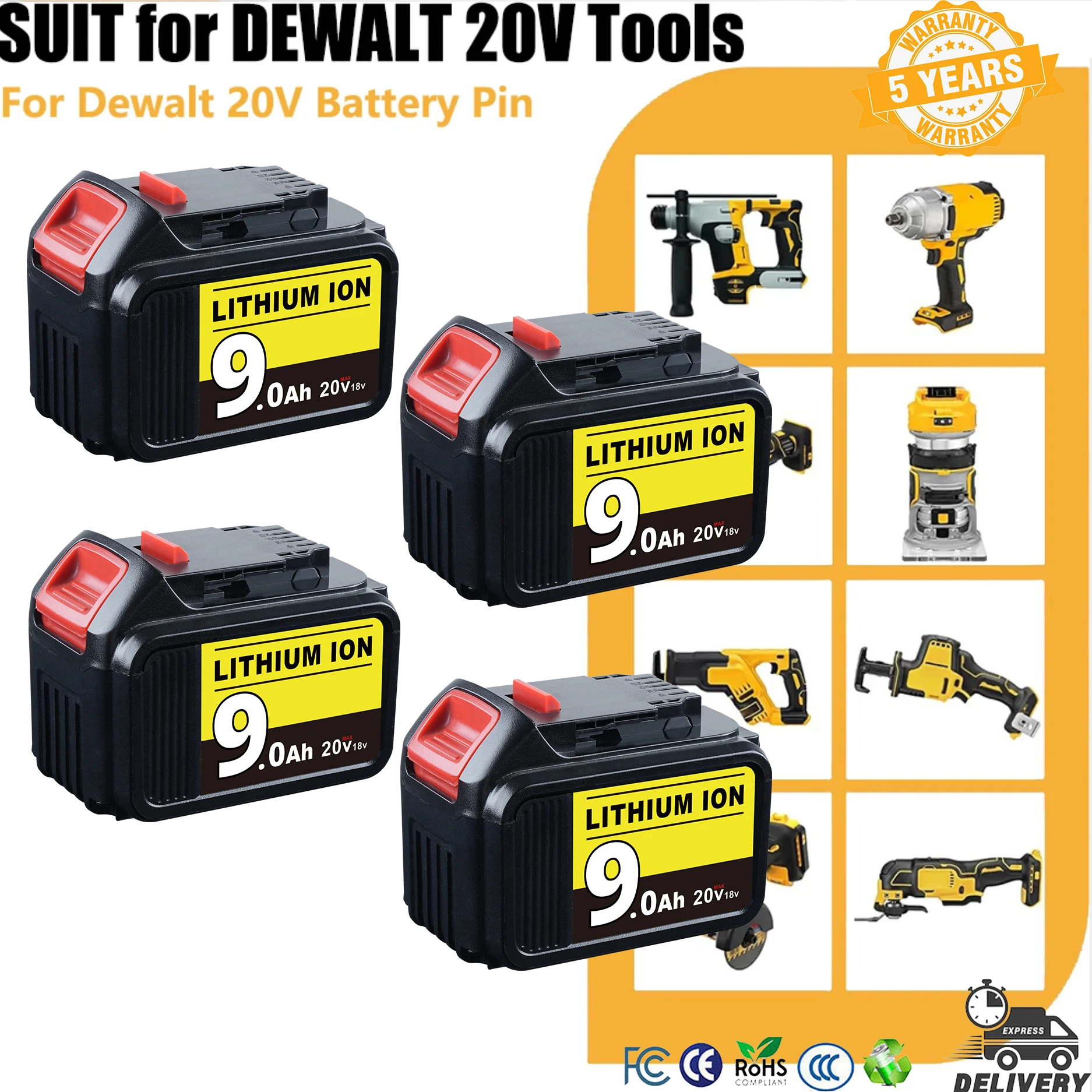 1/2/4Pcs 9.0Ah DCB200 Replace for Dewalt 20V Li-on Battery Pin DCB205 DCB201 DCB204 DCB206 Compatible with Cordless Power Tool