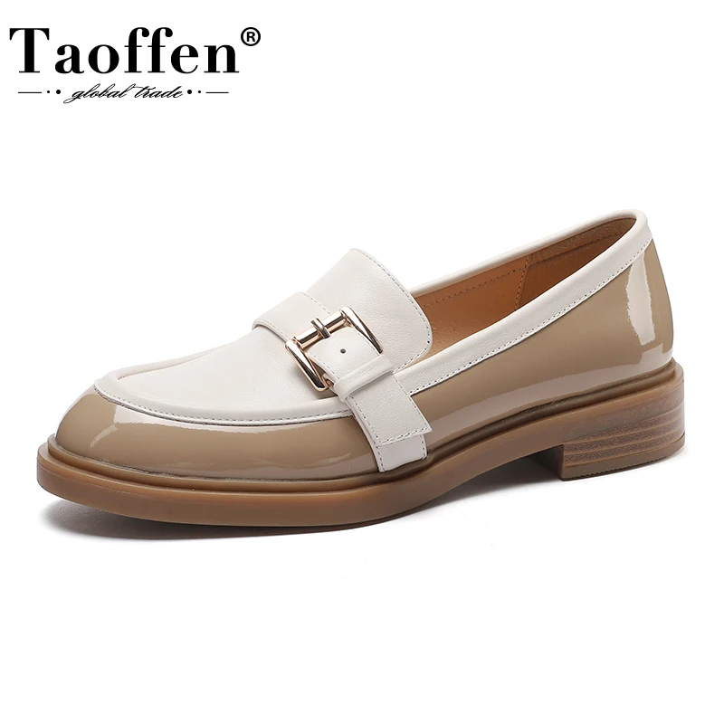 

Taoffen Women Penny Loafers Genuine Leather Metal Buckle Casual Slip On Ladies Flats Female Platform Shoes JK School Designer