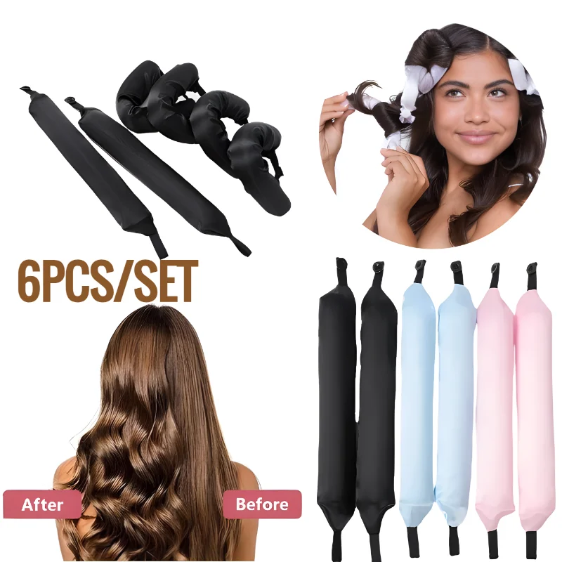 6Pcs No Heat Hair Curlers Set Heatless Curling Rod Lazy Sleeping Perm Rods Barrel Big Wave Foam Curling Wand Hair Style Tools