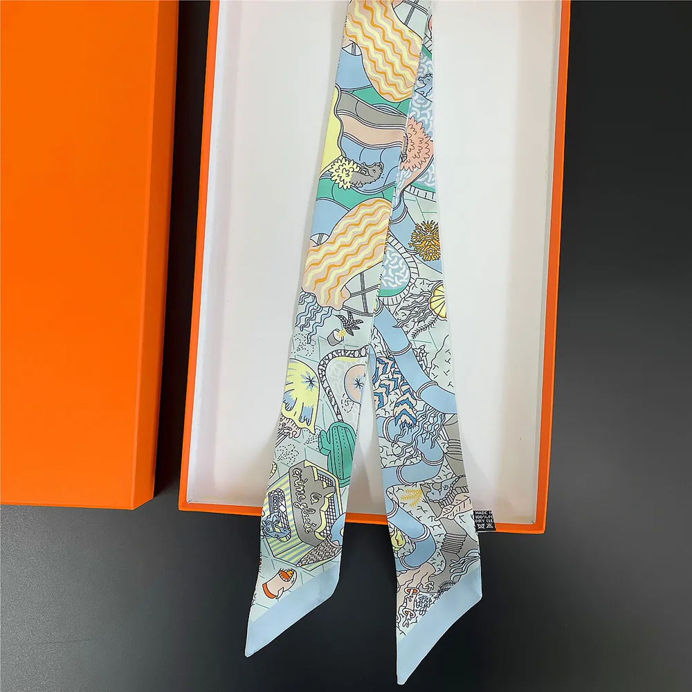 2024 New Luxury Polyester Silk Scarf Underwater World Print Women's All Seasons Decorative Thin Scarf Scarf Headband 90*5cm 3