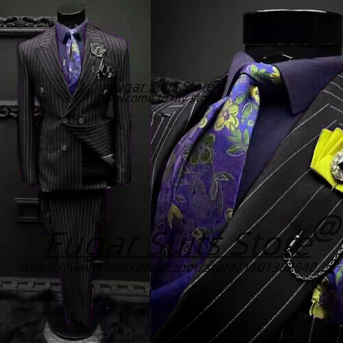 Men's Elegant Stripe Wedding Suits Slim Fit Double Breasted 2Pieces Sets Business Blazers